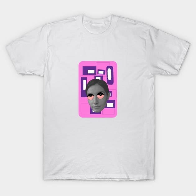 Funny cartoon eyes on woman with pink & purple 50s background T-Shirt by Dazedfuture